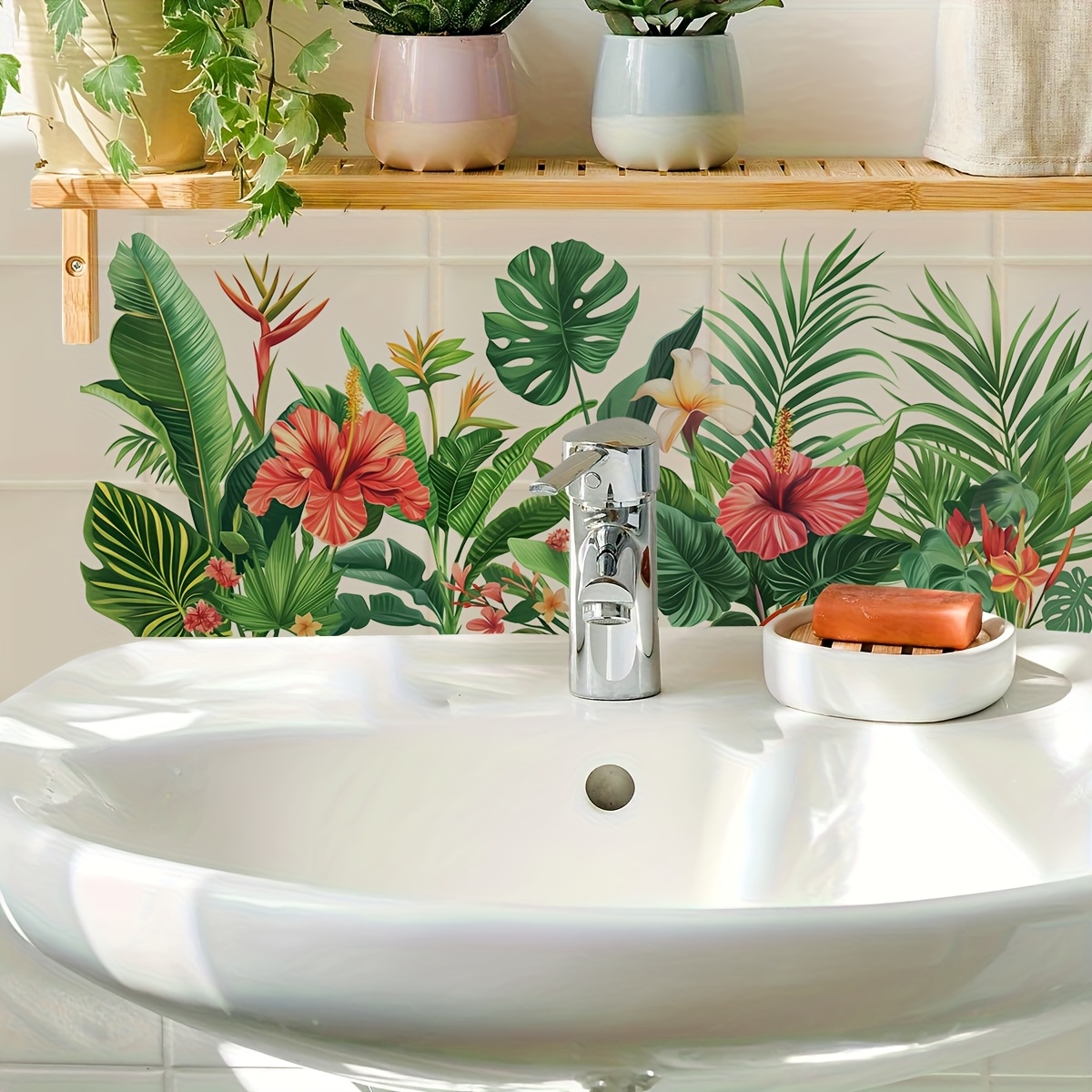 Tropical Floral & Leaf Bathroom Wall Stickers - Self-adhesive Removable Vinyl Decals With Vibrant Hibiscus & Palm Leaves, & Stick Installation, Semi- For Ceramic Tiles