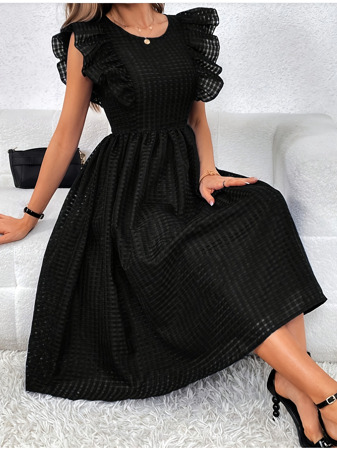 womens black   sleeve midi dress middle eastern inspired flared hem fitted bodice flared skirt machine washable   versatile dress details 0