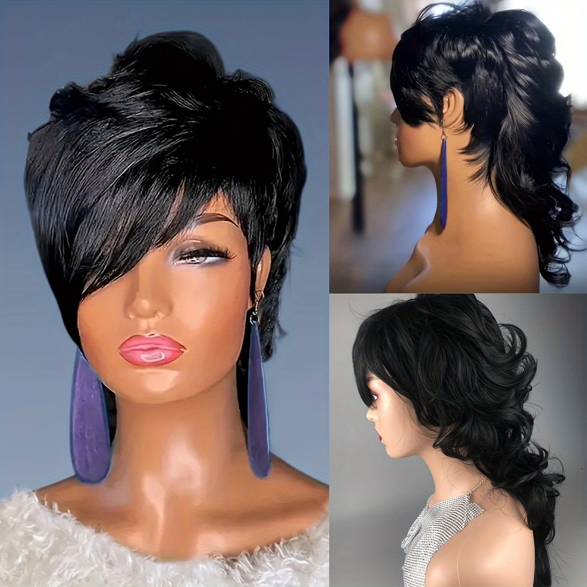 Long Mullet Wig Pixie Cut Wigs Bangs Women Natural Black Temu