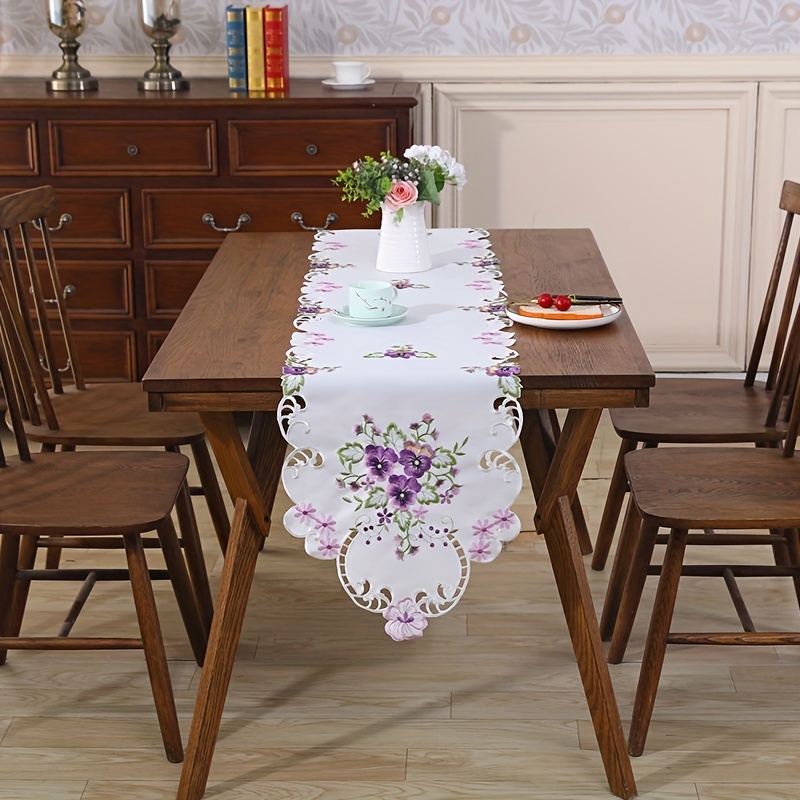 

1pc Elegant Polyester Table Runner With Purple Floral Hollow-out Design - Ideal For Dining Room Decor, , And Party Settings, Table Runner Decor