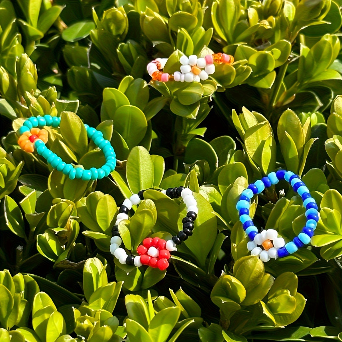 12pcs Colorful Elastic Bohemian Flower Ring Set, Handwoven