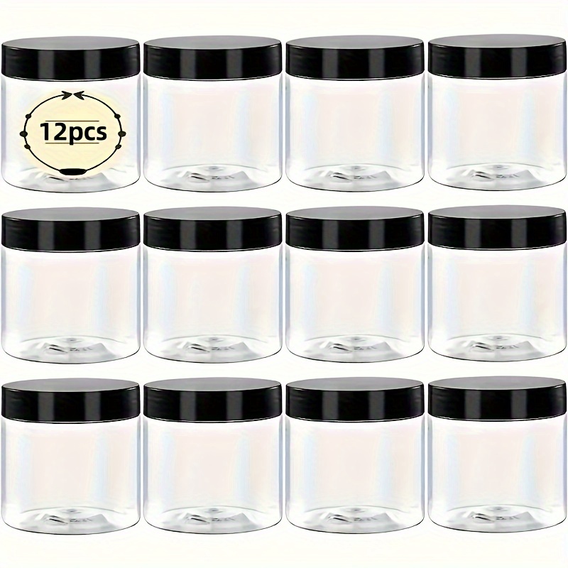 

12 Pack 4oz Plastic Jars With Lids - Airtight Clear Containers For Cosmetics, Slime, Lotions, Creams, Body Scrubs & Beauty Products - Black Lid Transparent Storage Organizers