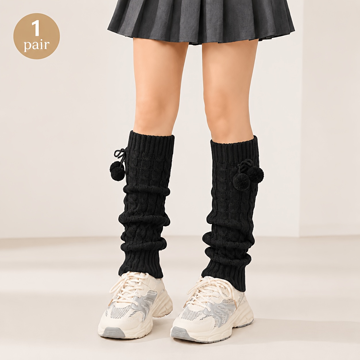 TEMU 1 Pair Of Women's Autumn/winter Socks, Casual And Versatile Leg Warmers, Decorated With Pom-poms And Bows, Multiple Styling Options, Fashionable
