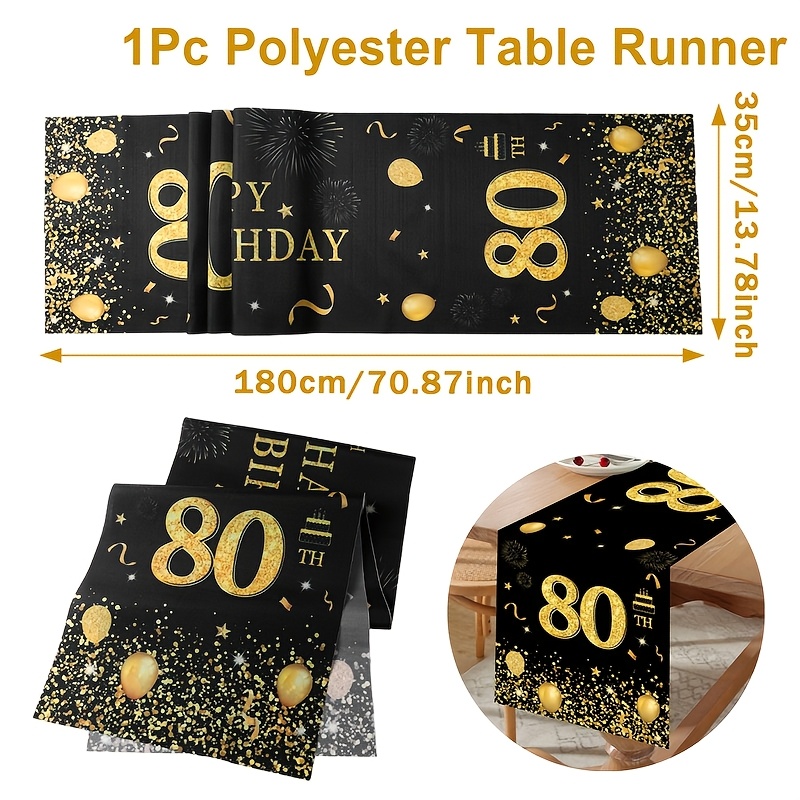Image of 1pc,80th Happy Birthday Table Runner,35*180cm Polyester Table Flag,balloon Firework Black Golden 80th Birthday Table Runner,birthday Party Table Decoration,party Favor,happy Birthday Supplies