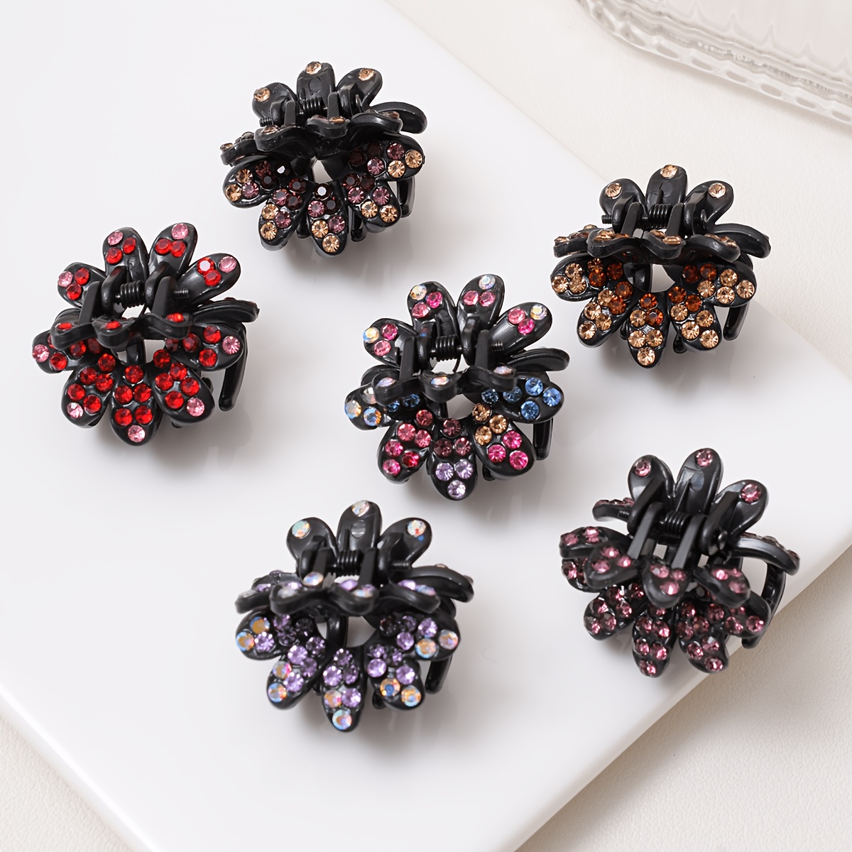 TEMU 6pcs Women's Vintage Rhinestone Flower Mini Hair Claw Clips, Exquisite Rhinestone Inlaid Hair Clips, Mini Bangs Clips, Side Clips, Light Luxury