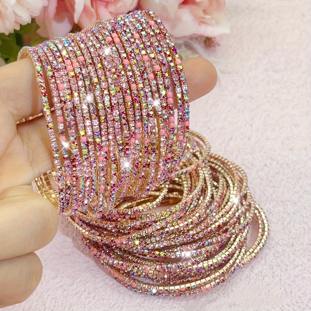 Pink Red Rhinestone Tennis Bracelets Set