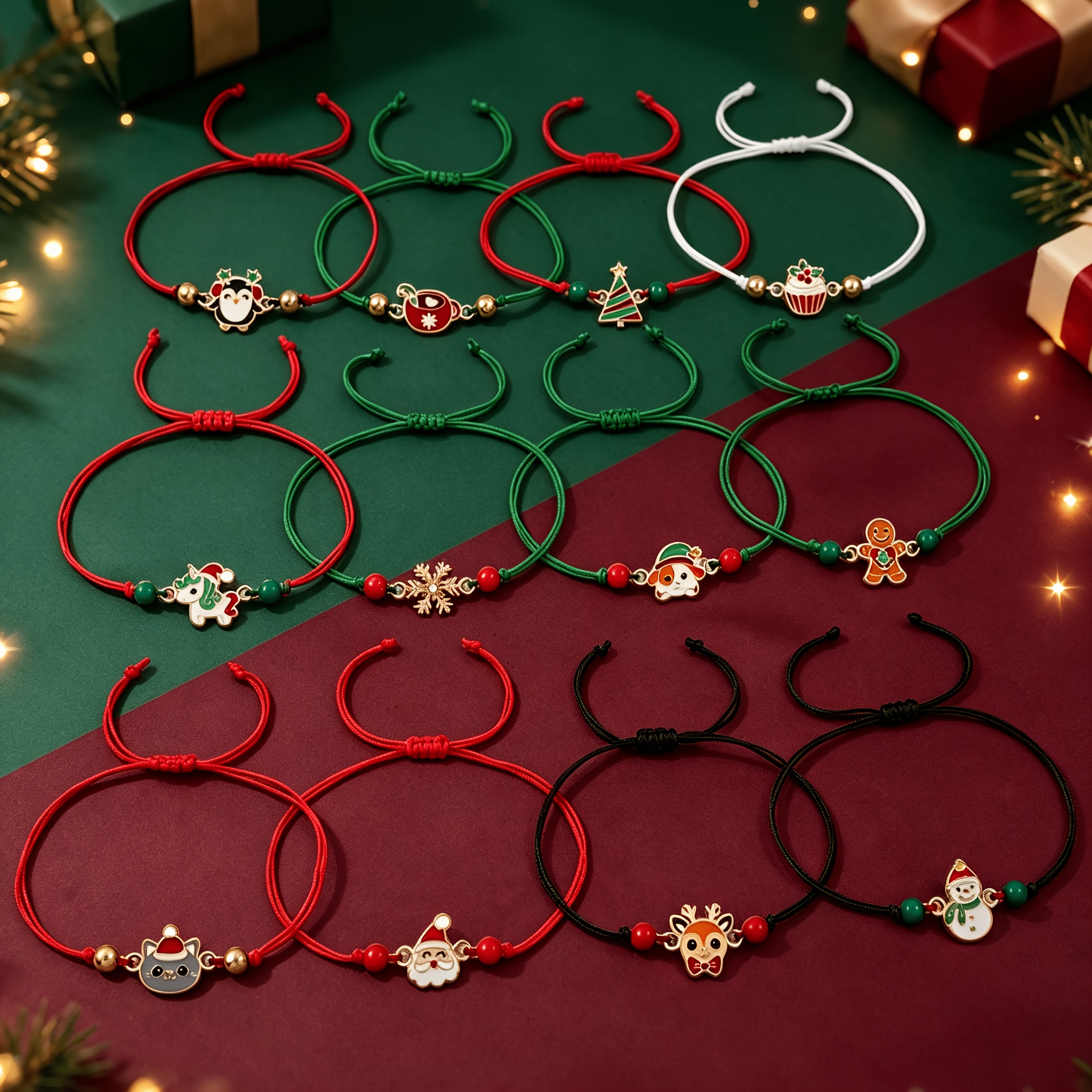 12pcs Christmas Kids Drawstring Bracelet Set with Cute Charms