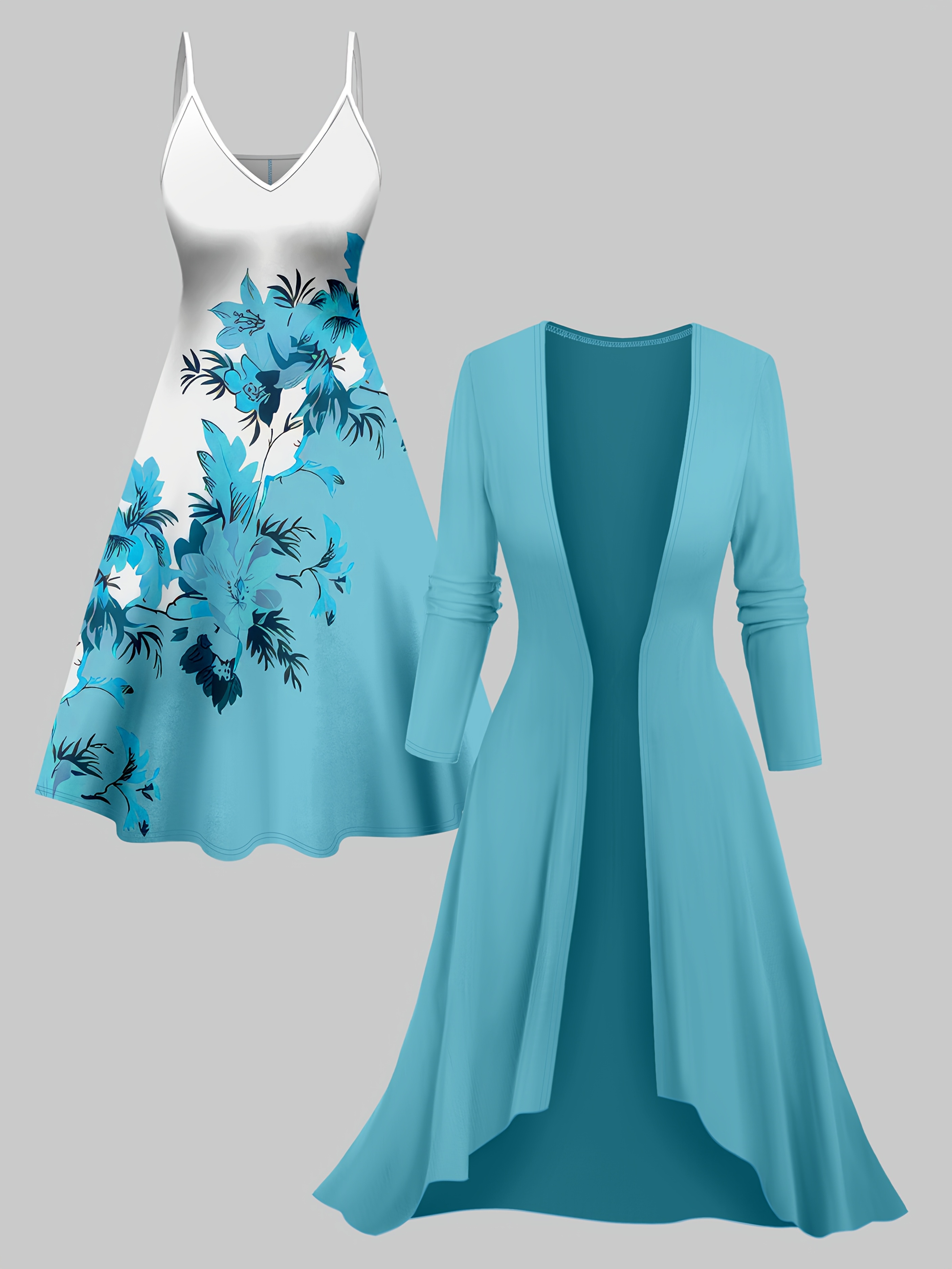 Women's fashion solid color long cardigan with floral print dress everyday elegant 2pcs set