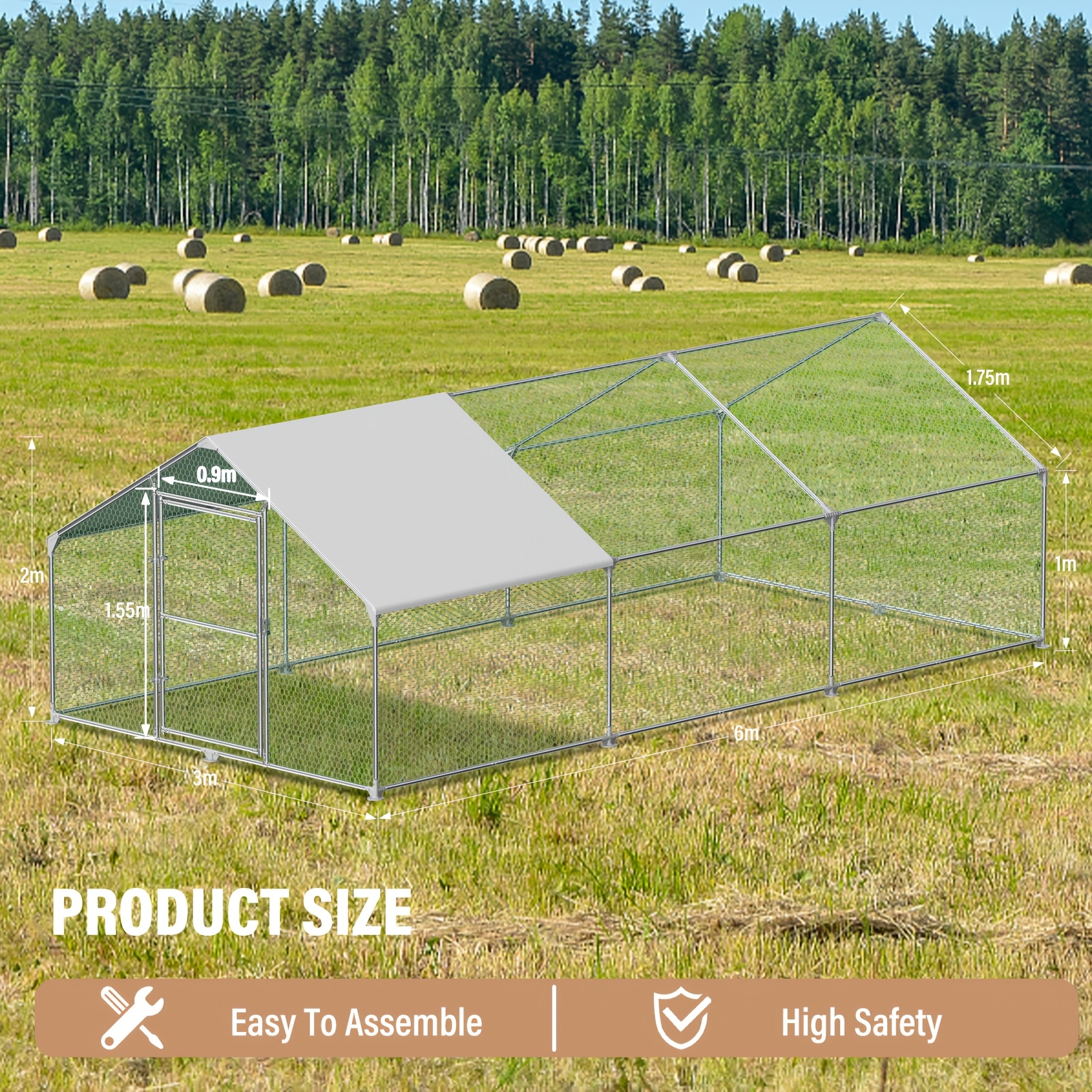 Loinklds Chicken Coop With Galvanized And Pe Roof Sunshade, Including Fence And Door With Lock - Perfect For Chickens, Birds, And Small Animals - In Multiple Sizes (3x2m/3x4m/3x6m/3x8m)