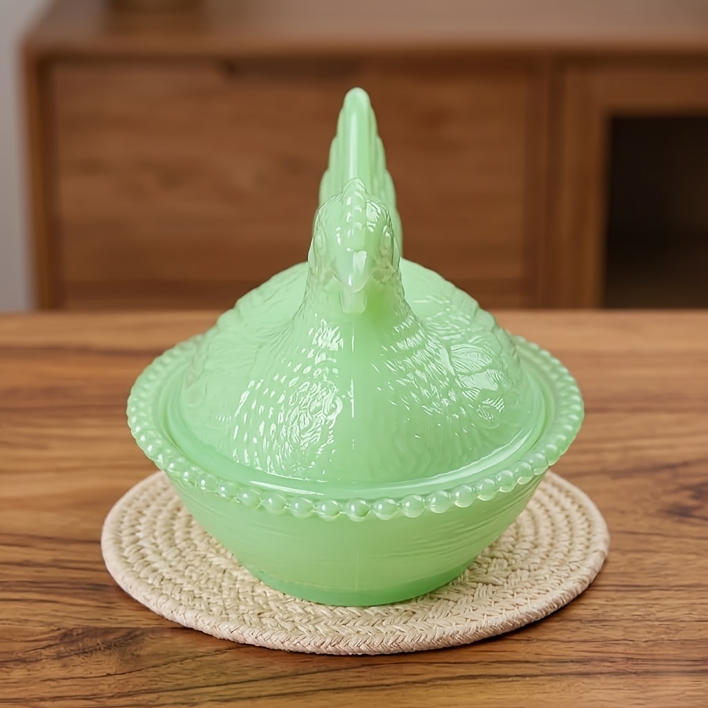 TEMU Retro Green Glass Chicken-shaped Nest Candy Plate-storage Jar With Decorative Hand-made Cover For Kitchen And Home Decoration-collectable