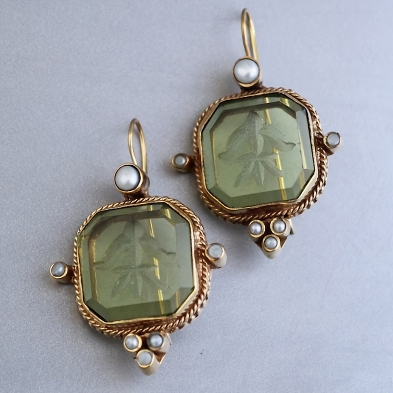 

Vintage Style Geometric Emerald Earrings Set With Imitation Pearl Dropped Earrings For Ladies Elegant Jewelry Festival Gifts