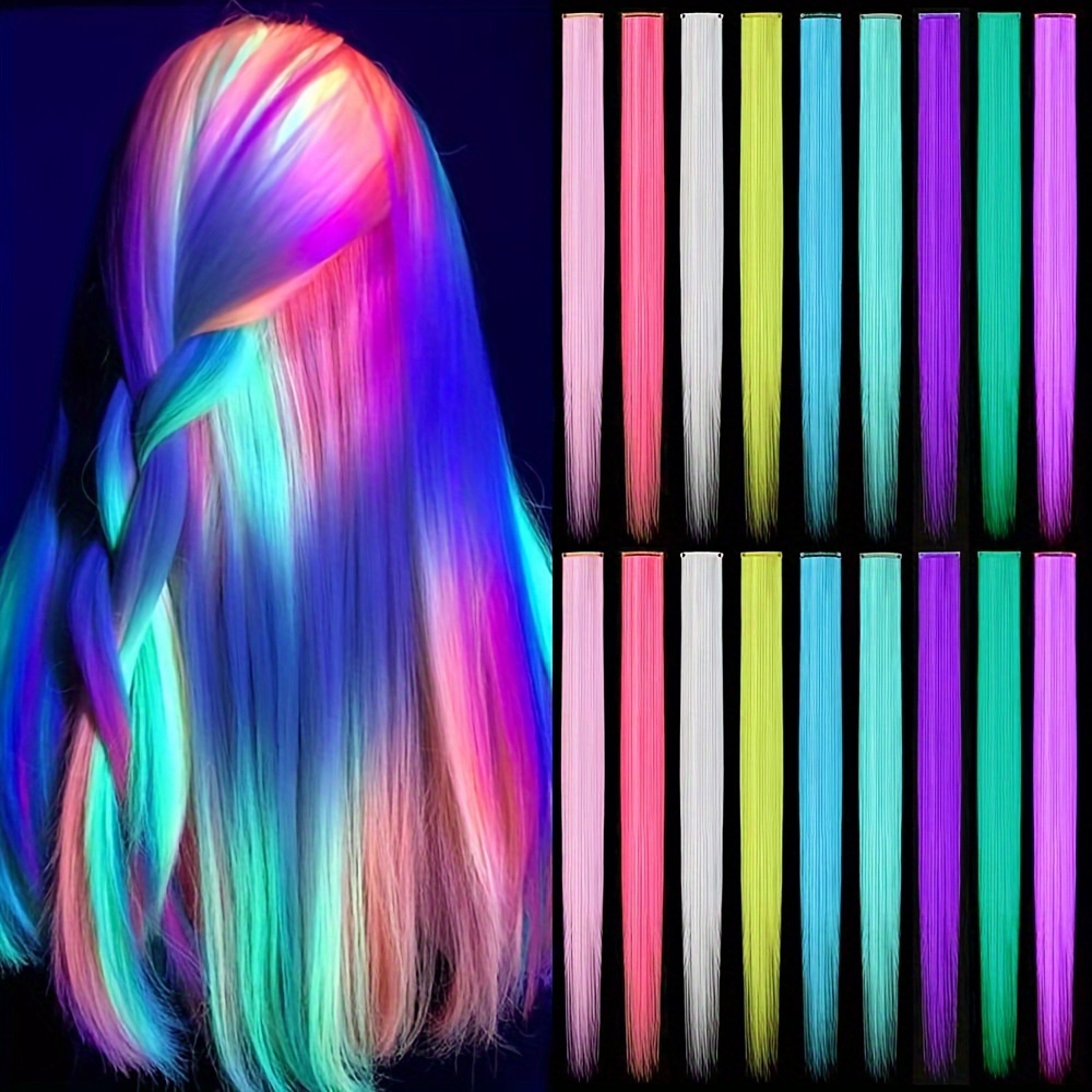 

18pcs 20" Clip-in Hair Extension Glow In The Dark Hair Extensions Colored Hairpieces Party Hair Synthetic Neon Fake Hair Clips Hair Accessories,