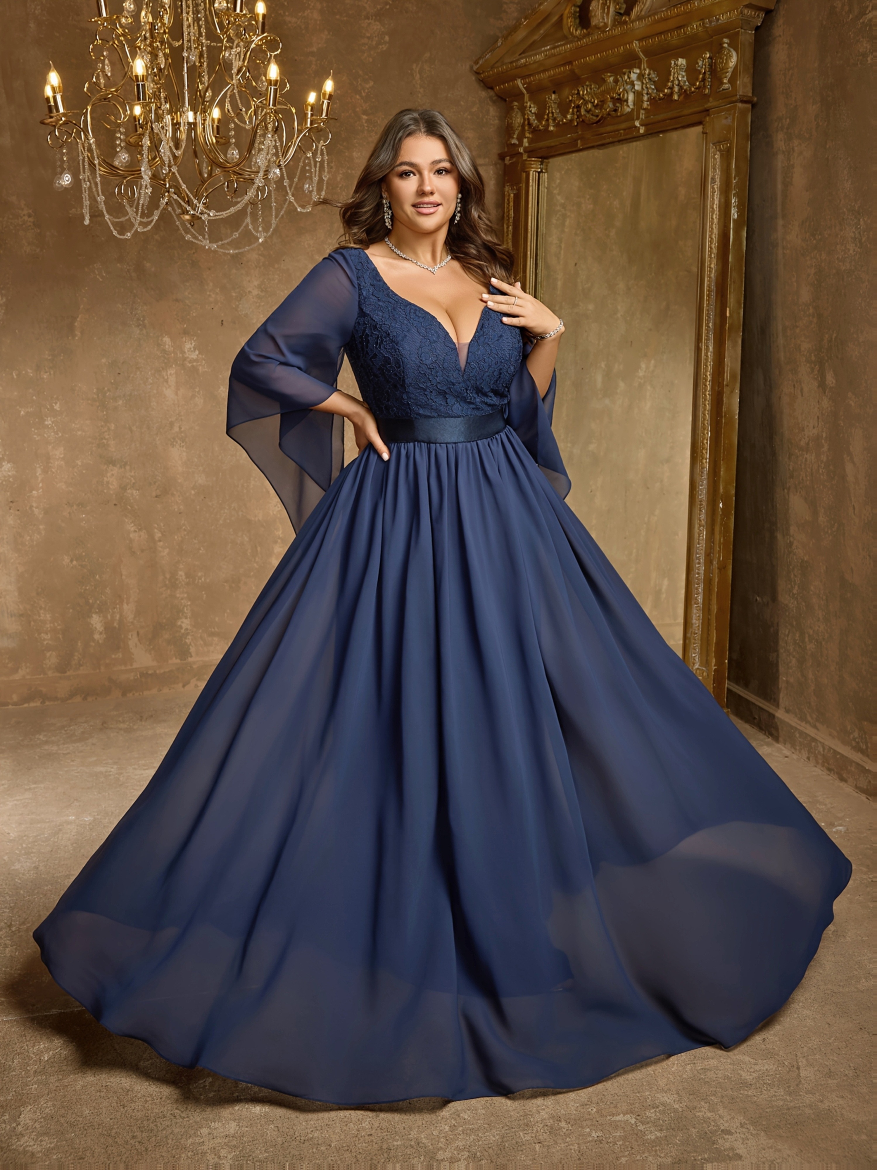 Plus Size - Plus Size - * Collection Features a Plus-Size Deep V-Neck  Chiffon Gown in Navy, with Flutter Sleeves And a Cinched Waist * Formal  Occasions Like Weddings, Parties, And Evening Events