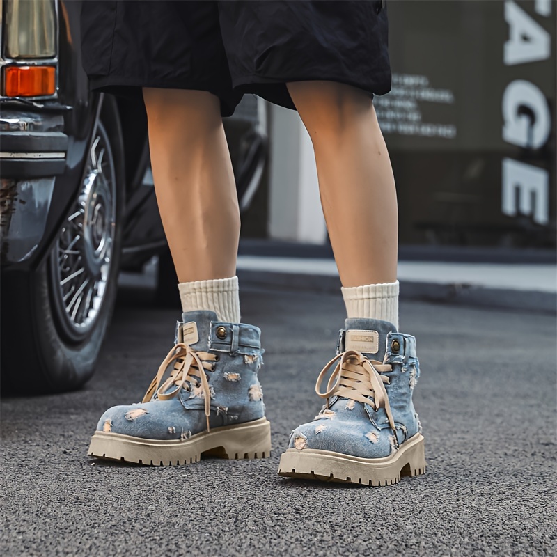 

Denim Fabric Boots For Men/women - Lace-up Short Boots With Distressed Design, Fabric Lined, Pu Sole/insole, Fall/winter Casual High-top Footwear