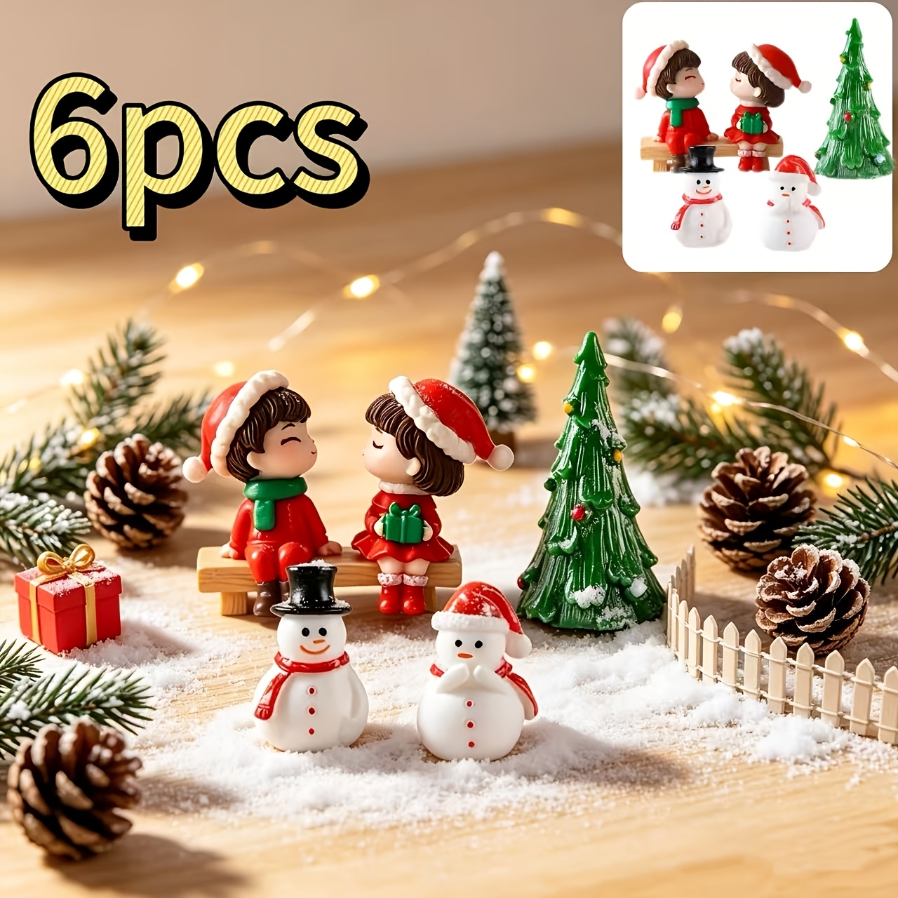 TEMU Ensemble de 6 pièces, Ornements de Noël pour voiture, couple et de neige en résine - un garçon, une fille, un banc, un sapin, 2 bonhommes de