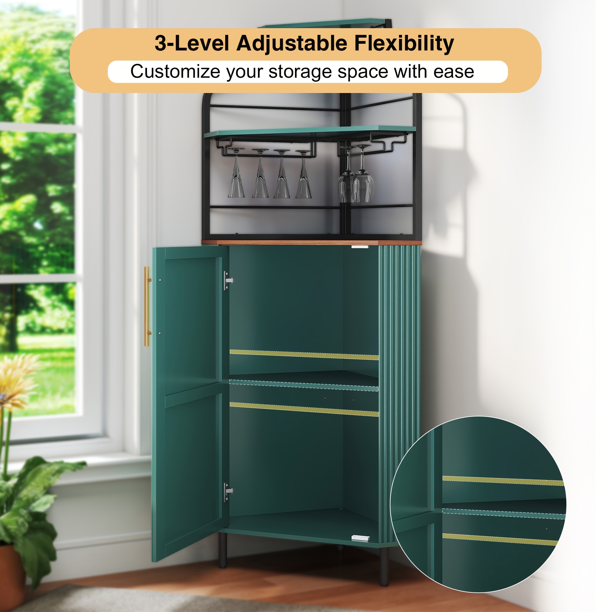 59" Modern Corner Bar Cabinet with Curved L-Shaped Storage