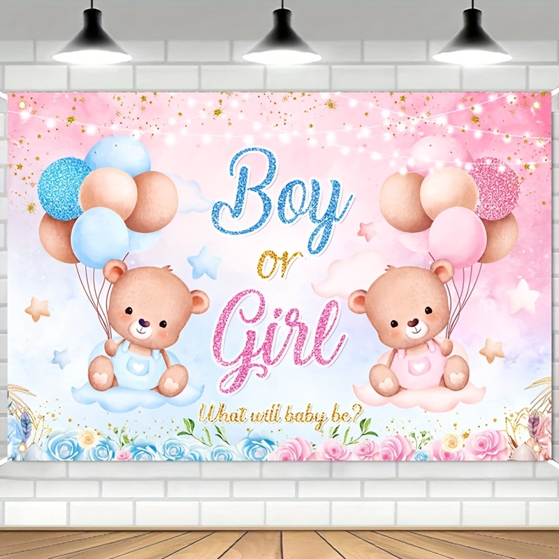 

Gender Reveal Party Backdrop Banner - 1pc 100x150cm Polyester Baby Shower Decorations, Boy Or Girl Bear Balloons Theme, Universal Mother's Day Multipurpose Celebration Banner Without Electricity