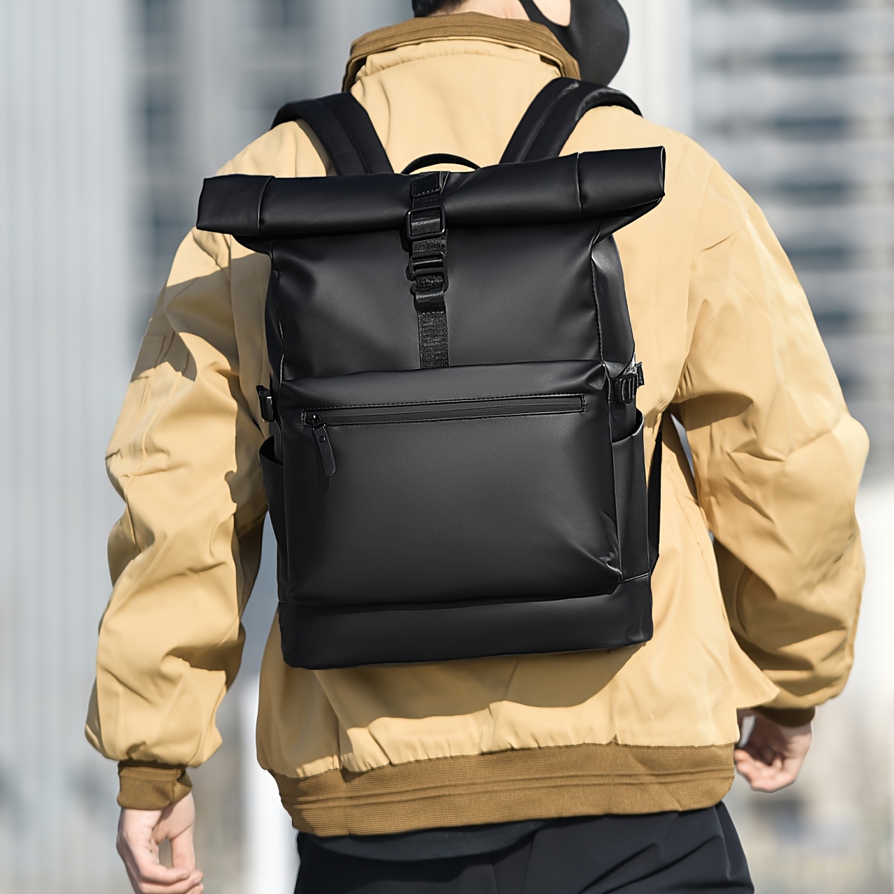 Men's Large-Capacity Roll-Top Backpack Compatible for 15.6 Laptop, Expandable Commuter Bag with Multi-Compartment Tablet & Side Pockets, Adjustable Shoulder Straps & Roll-Top Closure, Lightweight Breathable School Bag for Travel