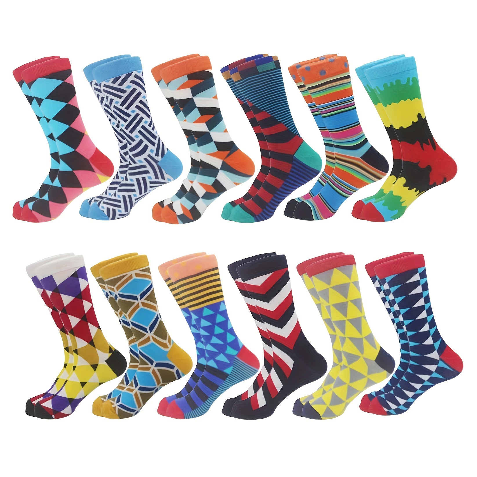 

12 Pairs Men's Colorful Geometric Pattern Print Long Socks Anti-odor Crew Socks For Autumn Winter New Breathable Comfortable Cool Soft Socks For Outdoor Activities