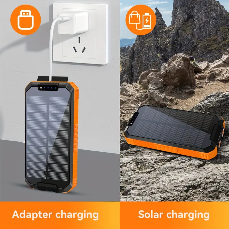 solar power bank with solar charging & usb-c fast charging, 20000mah portable charger with built-in flashlight, triple cable (3a output, wireless charging, compact & rugged design for camping, emergencies, travel - compatible with smartphones, tablets, laptops, outdoor electronics, camping essentials, durable construction, reliable performance, multidevice , techsavvy Product details 4