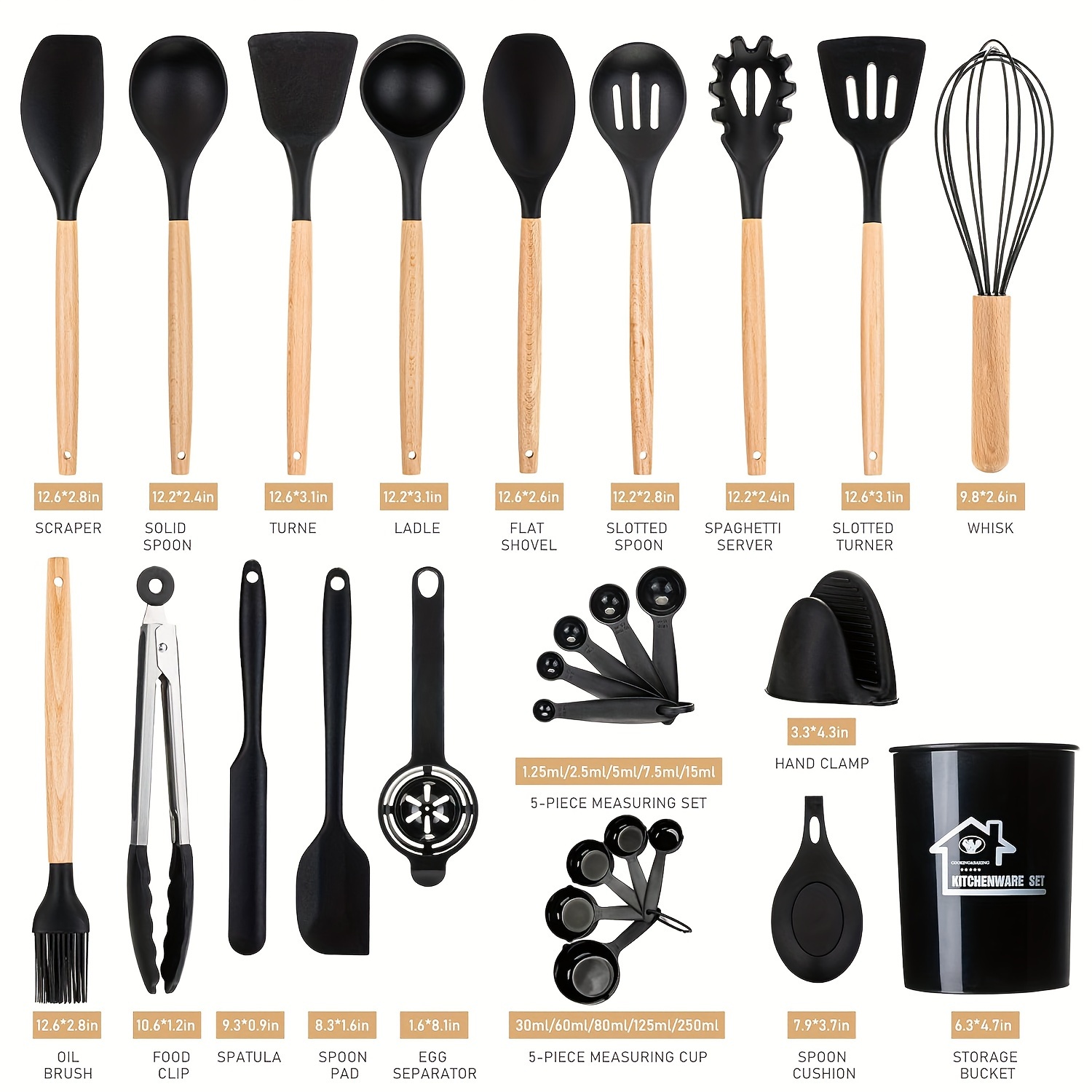 Food-Grade Silicone Cooking Tool Set With Wooden Handles And Stands, BPA-Free Non-Stick Cookware Gadgets For Baking, Stirring And Serving