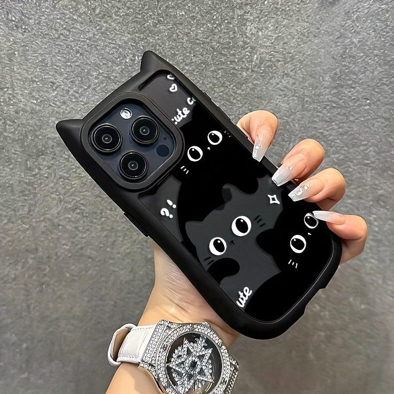 TEMU Phone Case - Cute Black And White Stacked Cats Cartoon Cat Ear Transparent Phone Case Suitable For Iphone Including 16/15/14/13/12 Phone Case/11