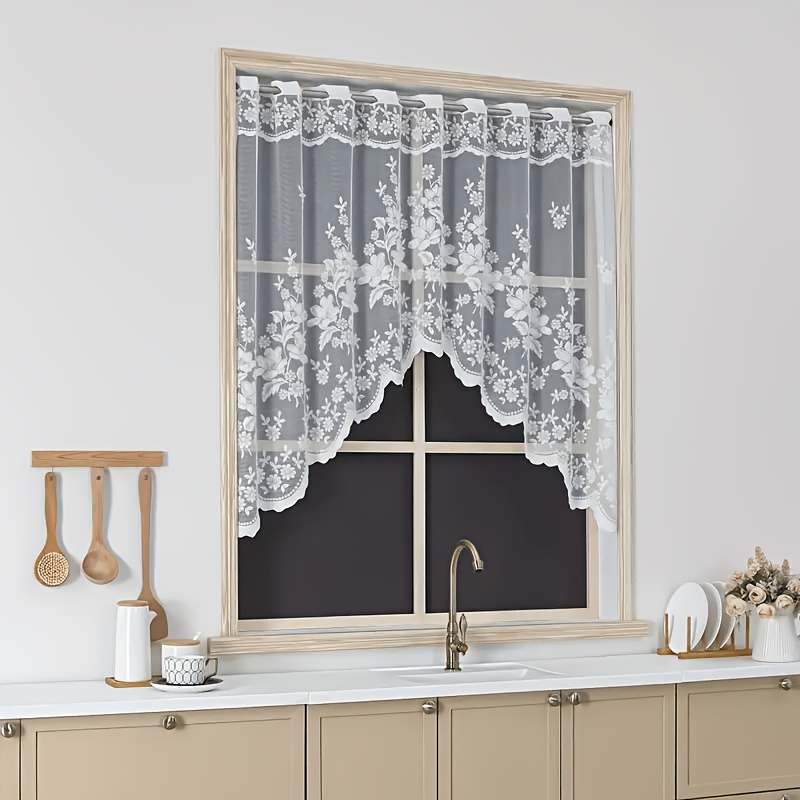 TEMU 1 pièce Rideau de dentelle florale blanche style française avec - Panneau de fenêtre semi-transparent à passe-tringle, broderie à bord festonné,