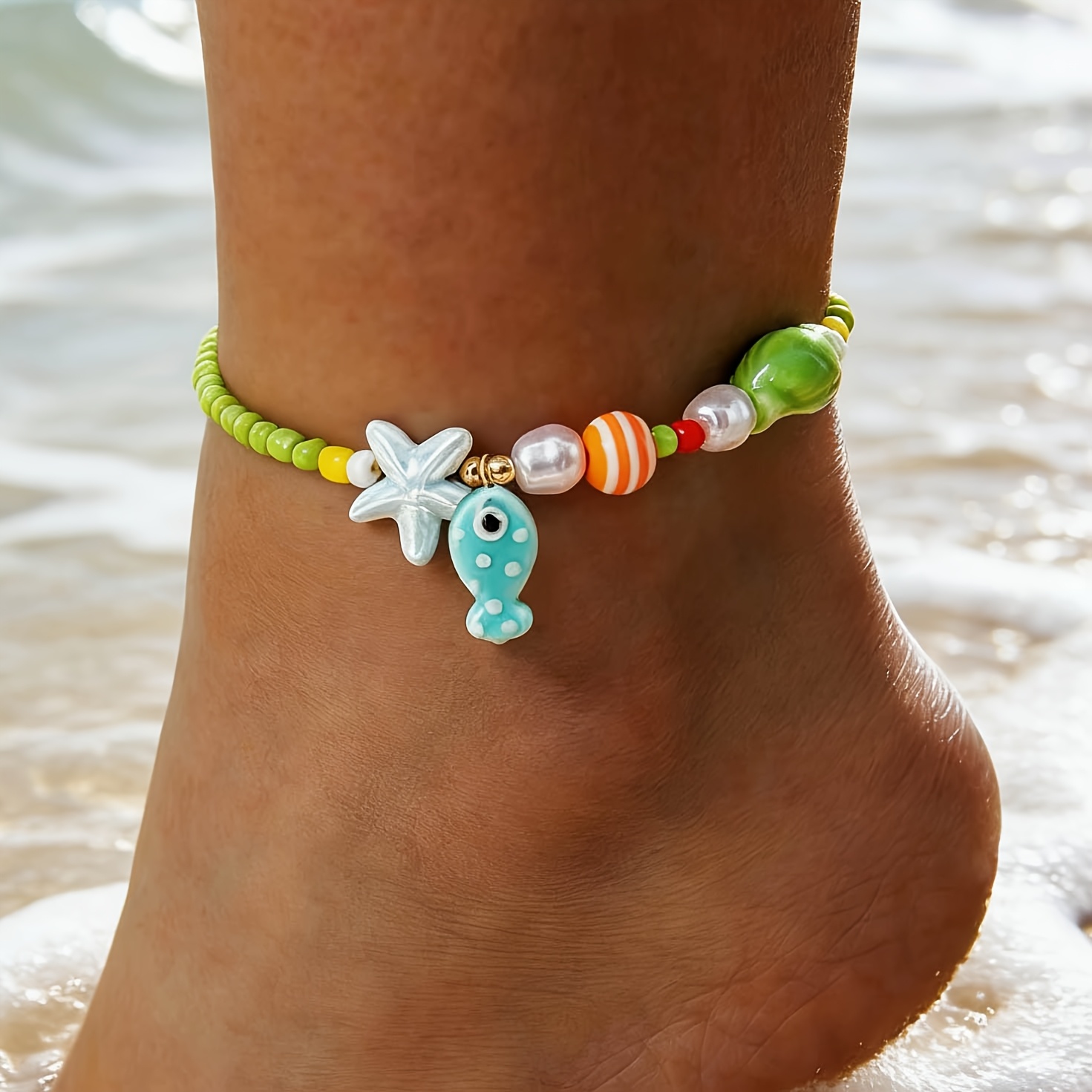 E-shop Böhmischer Ozean-Stil Polka Dot Kleiner Fisch Seestern Anhänger Fußkettchen Reis Perlen Quaste Fußschmuck für Frauen Täglich Party