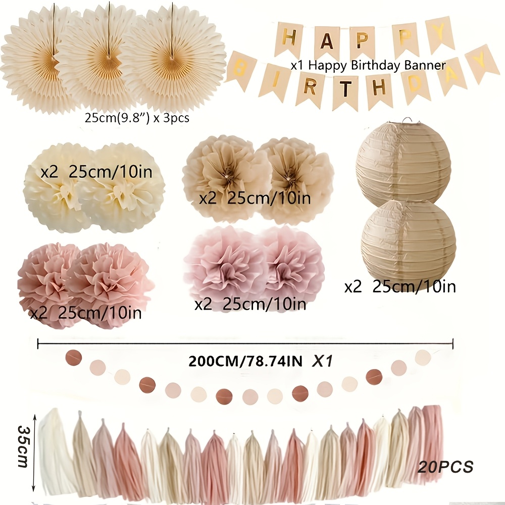 35pcs Golden & Beige Paper Flower & Lantern Decor Set With Neutral Happy Birthday Banner Boho Beige -poms Fans Tassel Garlands For Women&;s Boho Birthday Parties & Weddings, For Christmas, Halloween
