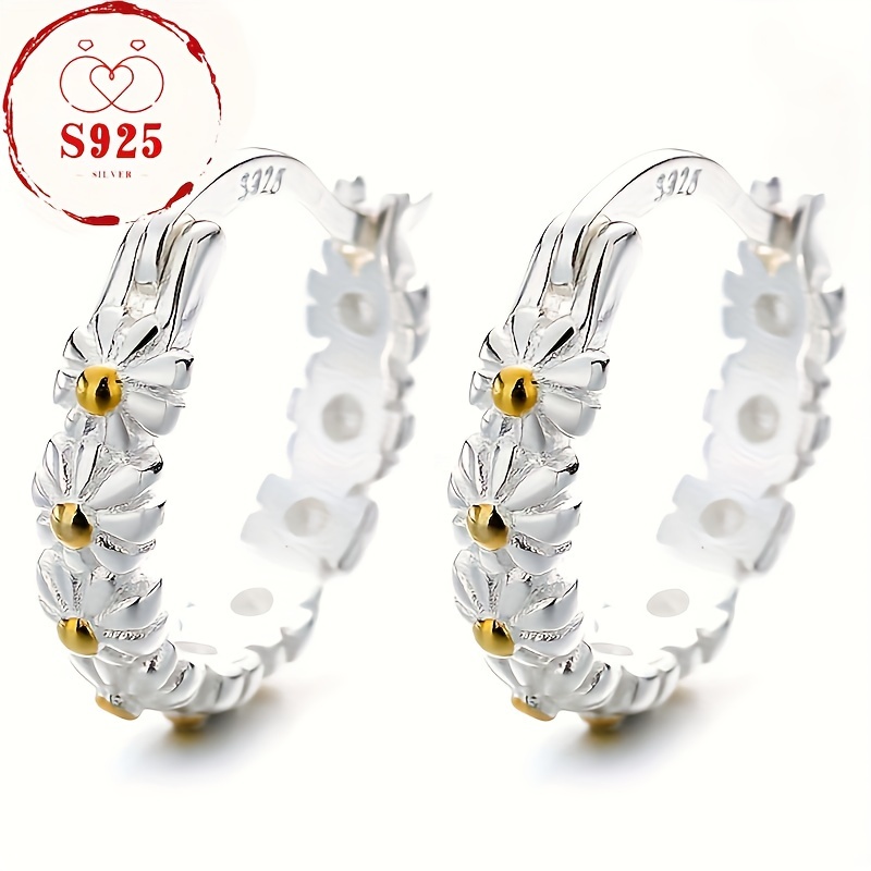 

2pcs 925 Silver Daisy Earrings, Cute Flower Hoop Earrings, Girls Elegant Stylish Ear Accessories, Classic Souvenir, Ideal Gift For Valentine's Day, Christmas, Birthday, Anniversary