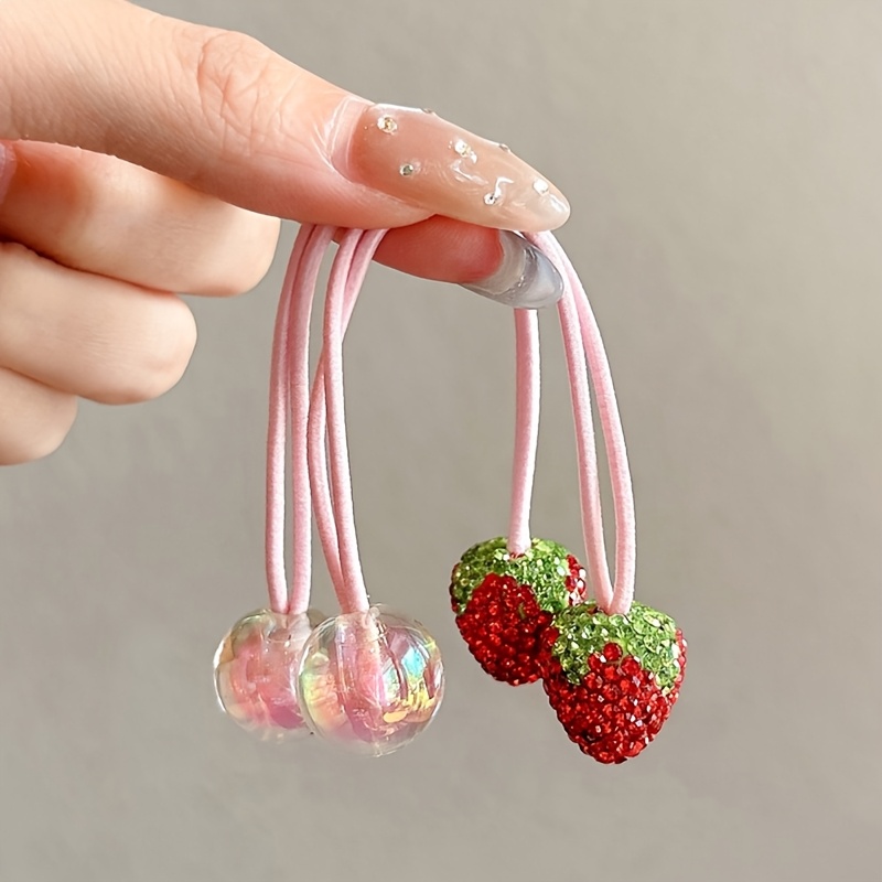 TEMU 2pcs Women's Sweet Cute Colorful Rhinestone Strawberry Hair Scrunchies, High Elasticity Hair Ties, Ponytail Holder Additions