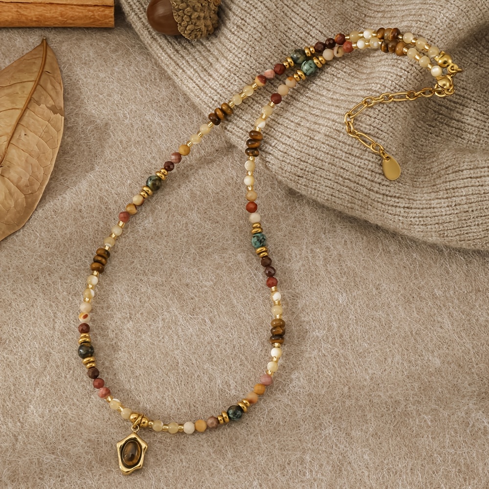 TEMU Rad Wind Beaded Natural Stone Necklace, A Retro And Elegant High-end Beaded Necklace, Suitable For Gift-giving, Daily Wear, And Party Or