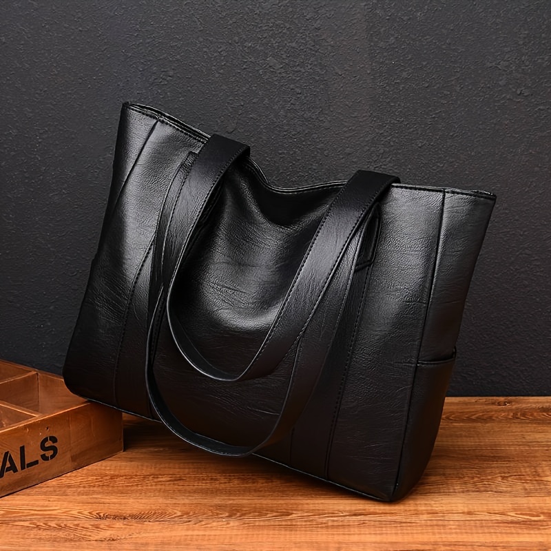 Women's Large Capacity Handbag — Solid Color Faux-Leather Shoulder Bag