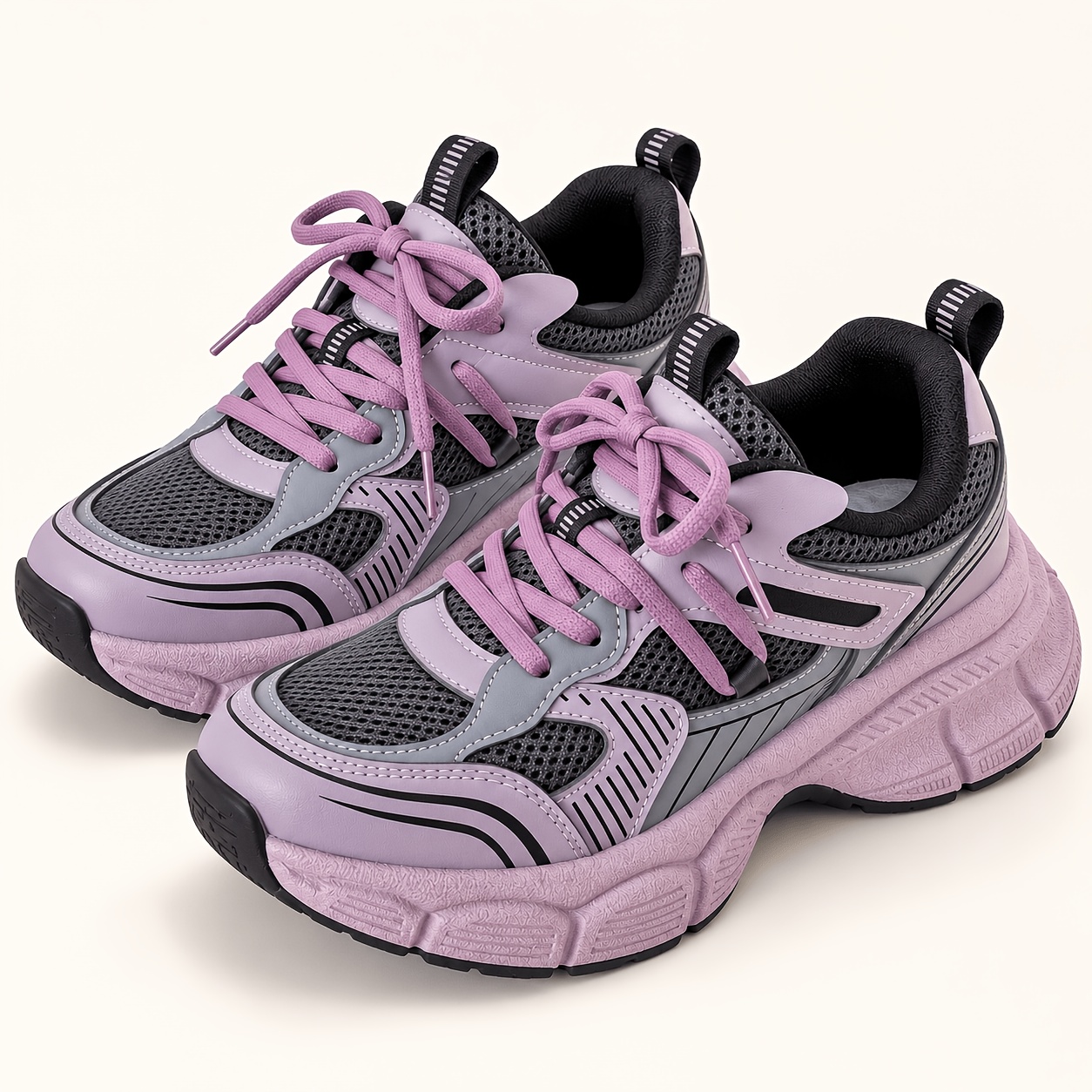 TEMU Women's Chunky Sneakers, Breathable Mesh Lace-up Trainers With Thick Cushioned Sole, Retro Color Block Casual Walking Shoes For Everyday Wear,
