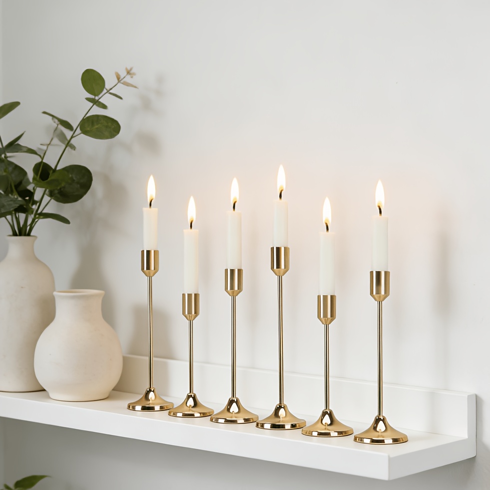 TEMU 6pcs Golden Tapered Candle Holders, Vintage Modern Decorative Centerpiece Candlesticks, Suitable For Mantels, Weddings, Christmas Parties,