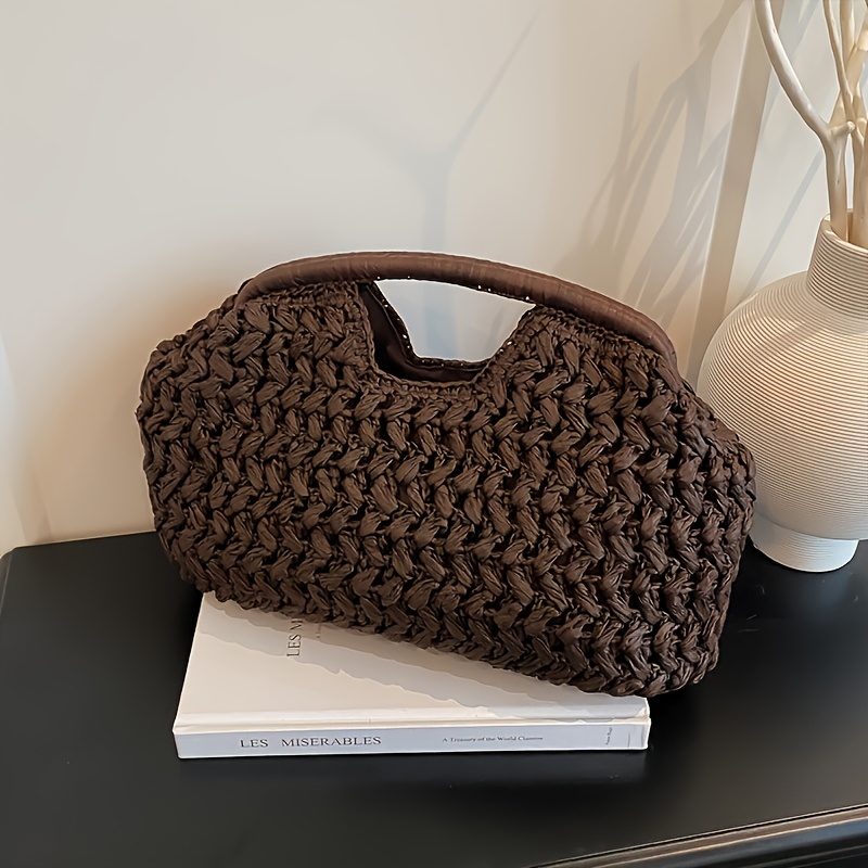 TEMU Casual Vacation Woven Summer Beach Handbag, Individual Weave Design, Handheld And Handbag Style, Space For Phone, Cosmetics, Etc., Suitable For