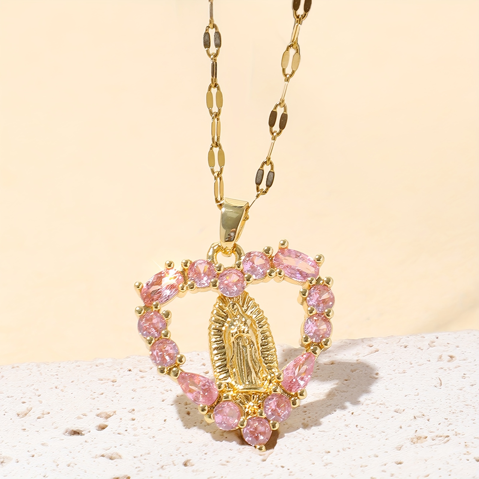 TEMU A Pendant Necklace Featuring , Designed With A Sparkling Retro Hollow Style, Made Of 18k Gold-plated Stainless Steel, With Synthetic Zirconia,