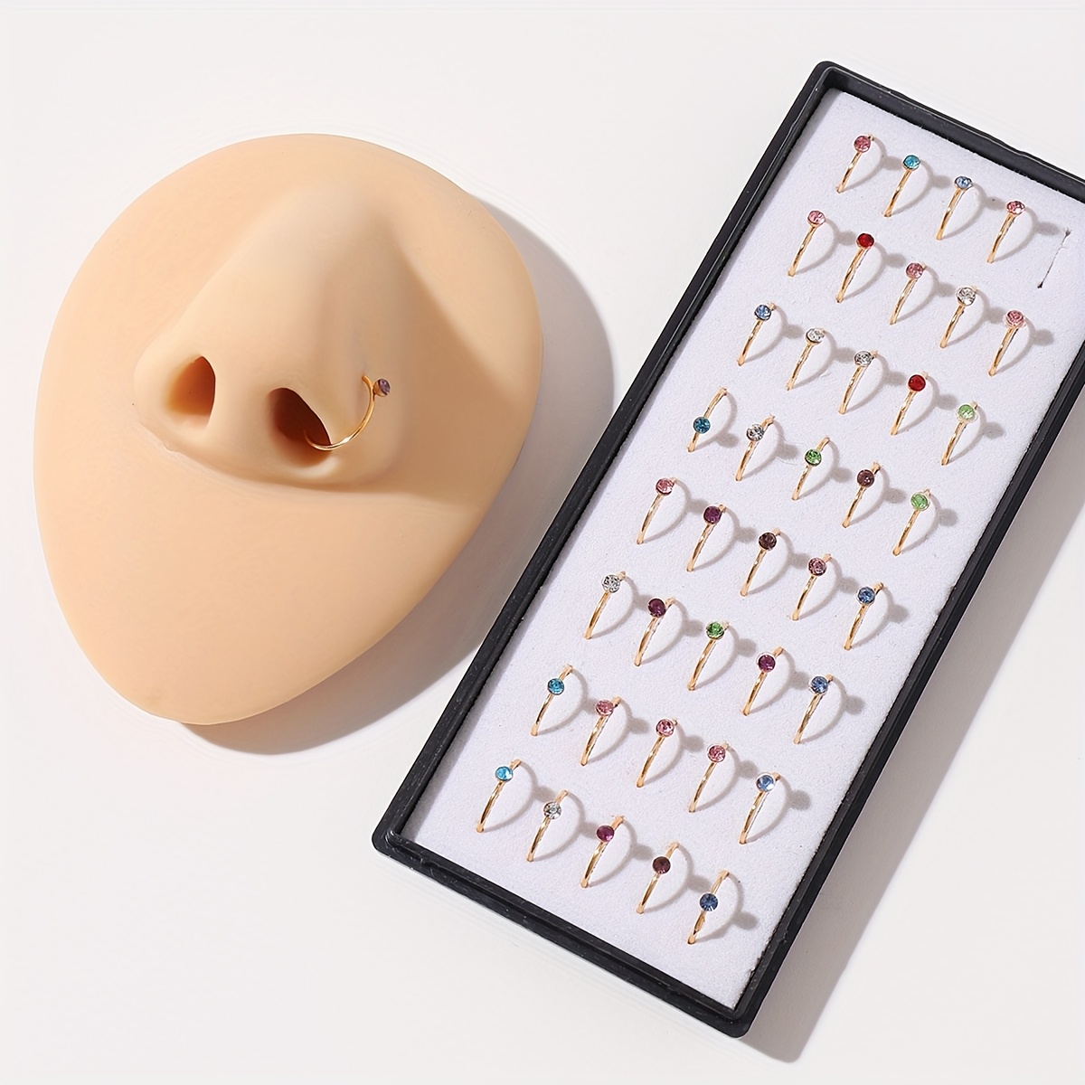 TEMU 40pcs Stainless Steel Rhinestone Body Piercing Jewelry Set With Simple Nose Ring Case