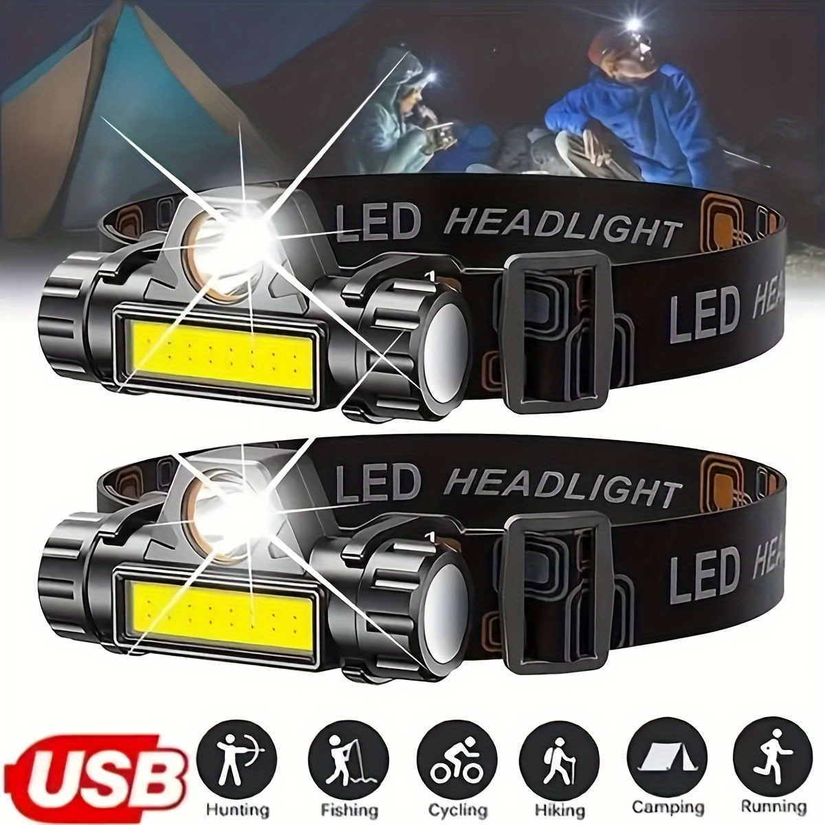 

4 Packs , Usb Rechargeable Cob , , Headlight For Camping Running