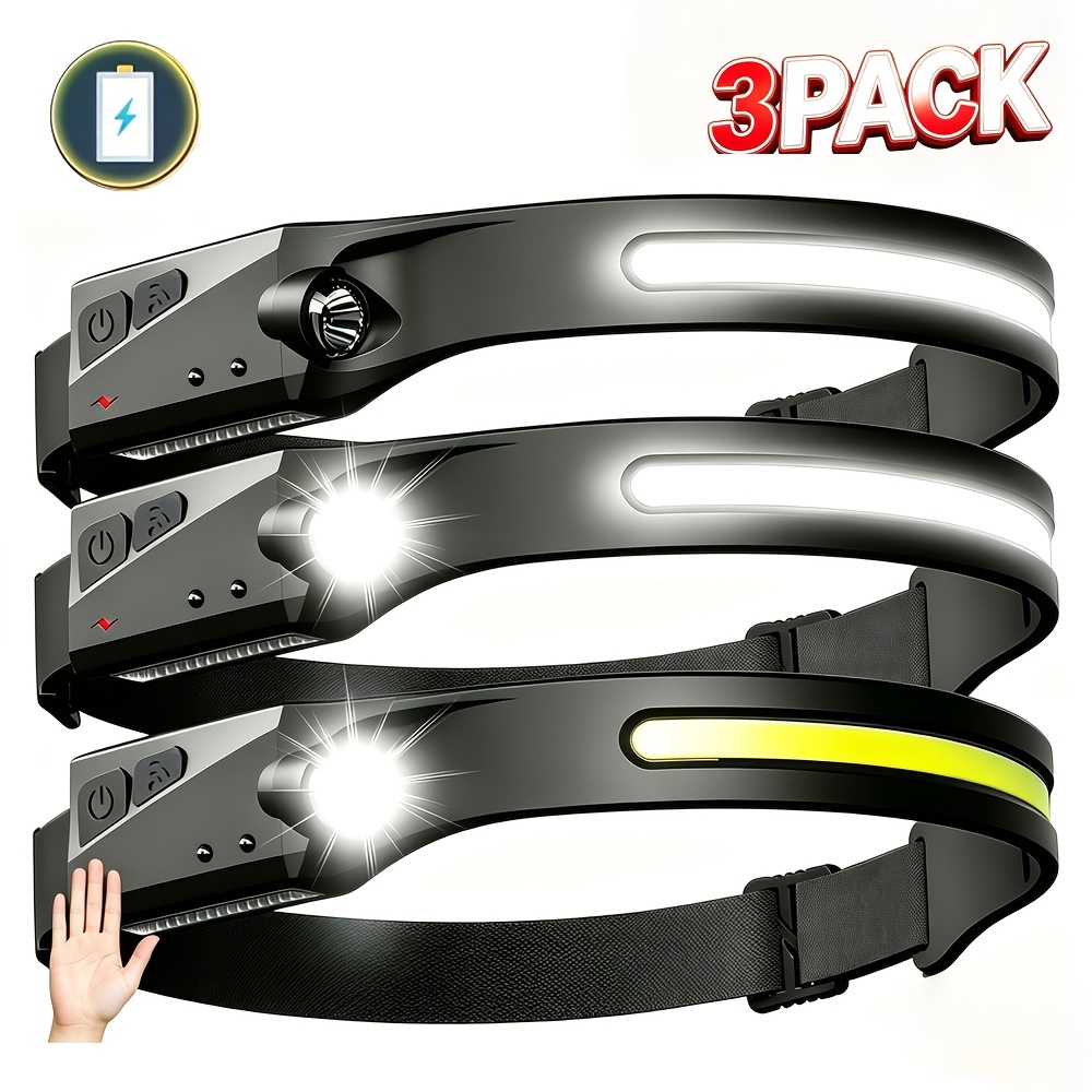 TEMU 3pcs Linterna Frontal LED COB Recargable, Linterna Frontal de Ángulo Ancho con Sensor de Movimiento, Linterna Frontal de Haz de 230°, Linterna