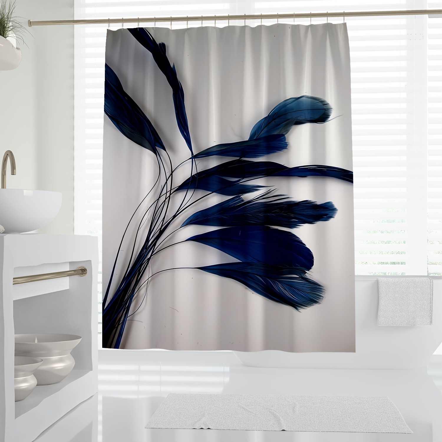 

1pc, Modern Nordic Minimalist Blue Feather Digital Print Shower Curtain, Waterproof Bathroom Decor With Hooks