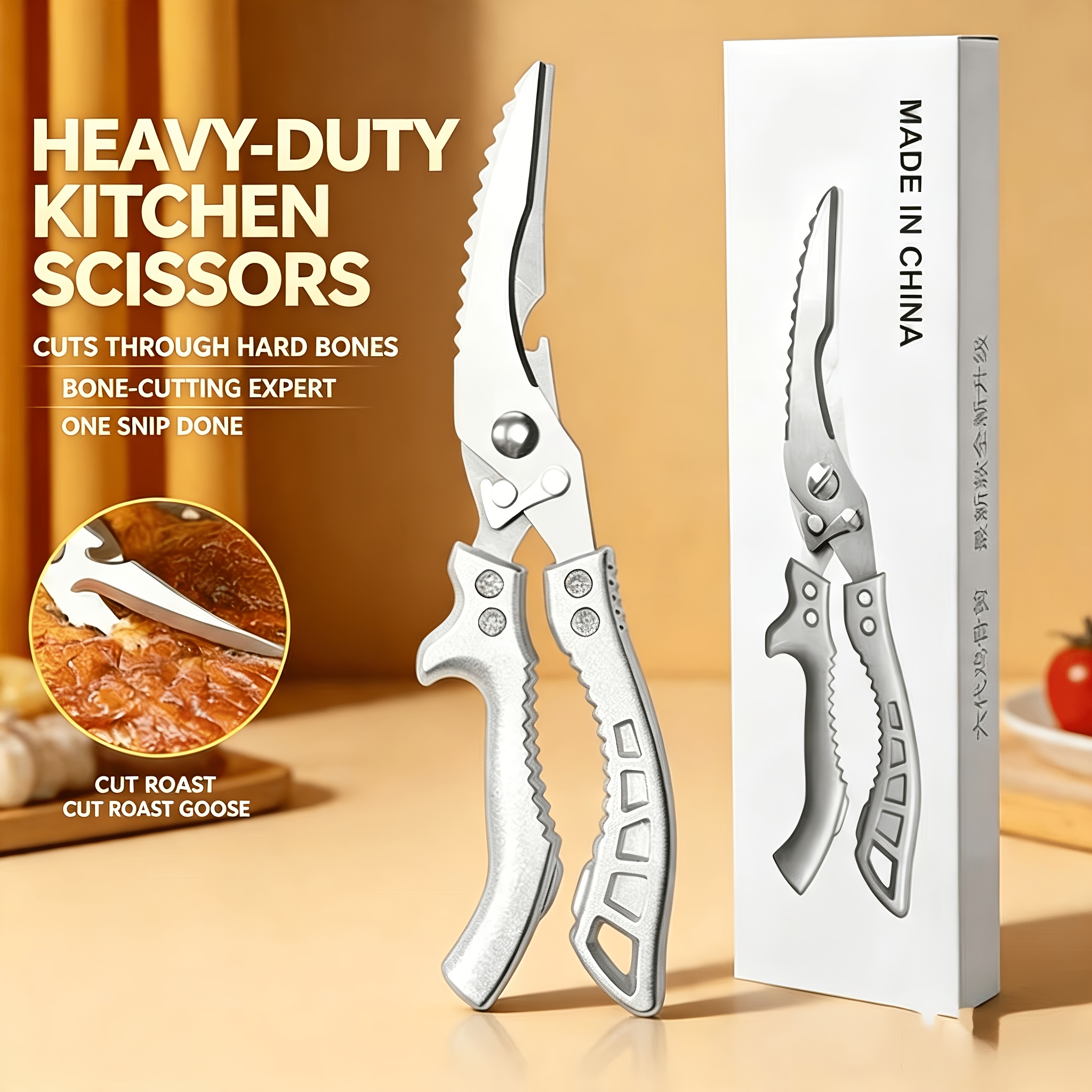TEMU 1pc Kitchen Scissors - Stainless Steel Kitchen Scissors Sharp Silvery Meat Scissors Dishwasher Safe Heavy-duty Poultry Scissors, Food Cooking