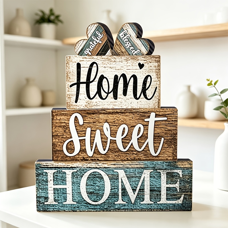 TEMU 4pcs Set Of Wooden "" Farmhouse Style Desktop Decorations, Country Style "gratitude And " Heart-shaped Wooden Plaque Centerpiece, Tiered Tray