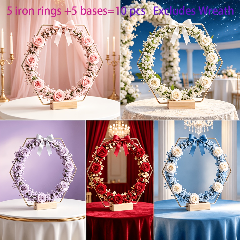 TEMU Présentoir à fleurs hexagonal doré de style bohème avec une base en bois naturel, idéal pour la décoration de table de mariage, les décorations