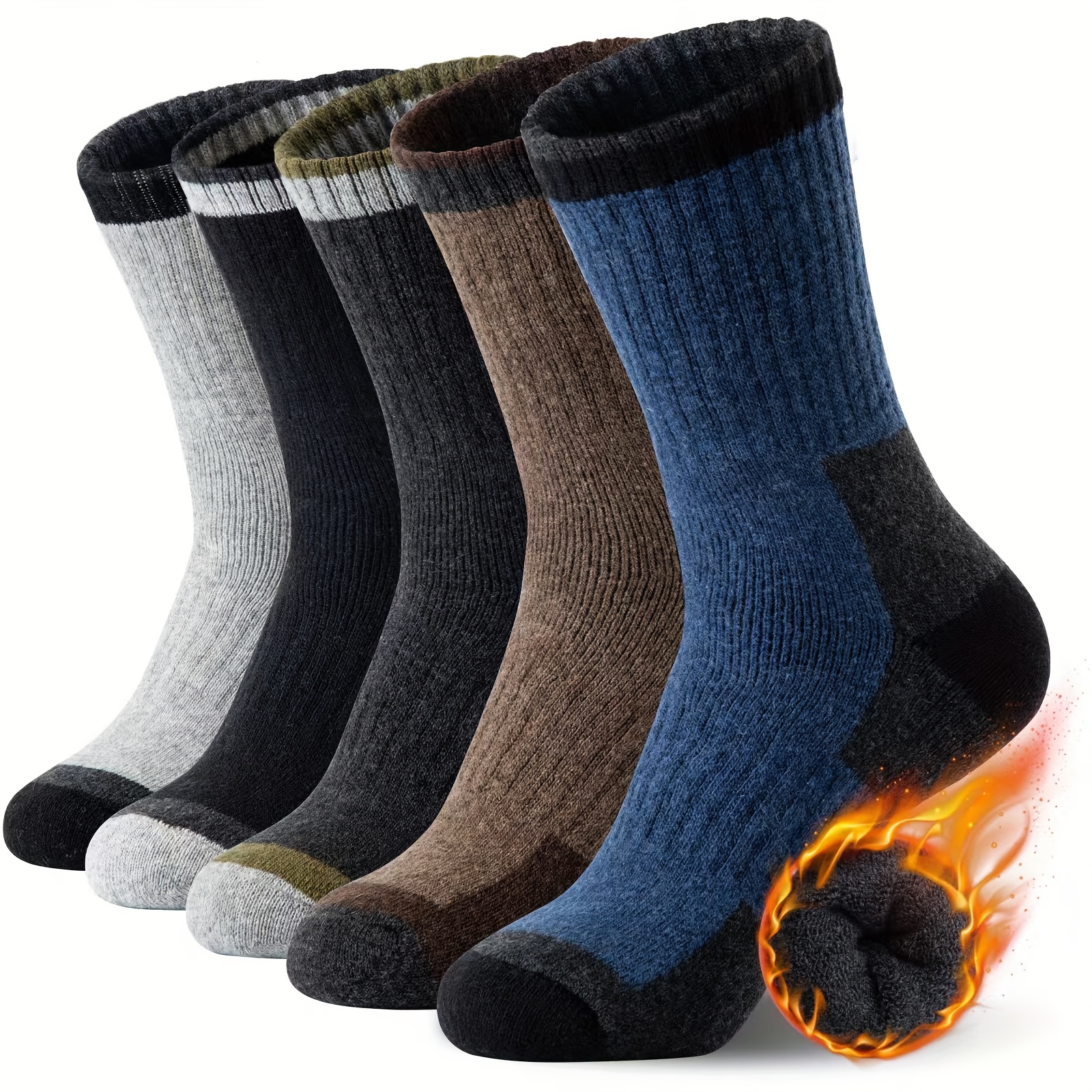 5-pack Unisex Winter Thick Wool Socks With Fleece Lining, Warm Flame Pattern, Size 39-46 (us 7-13), High Crew Color-block Socks