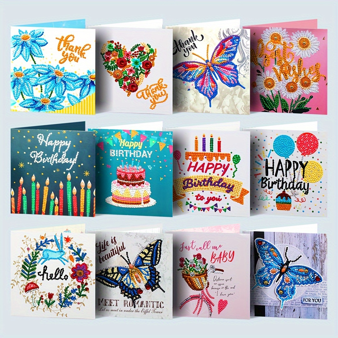 

12pcs Diamond Painting By Hand Diy Rhinestone Sticker, Holiday Cards, Art Cards, Holiday Activities Atmosphere Decoration, Hand-written Postcards