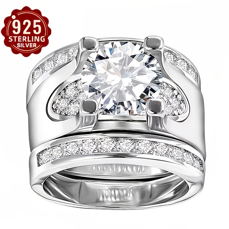 TEMU 3 pièces Ensemble de Bagues de Fiançailles en Argent S925, Bijoux Élégants pour Demande en Mariage, Luxueux, Taille Princesse à Quatre Griffes