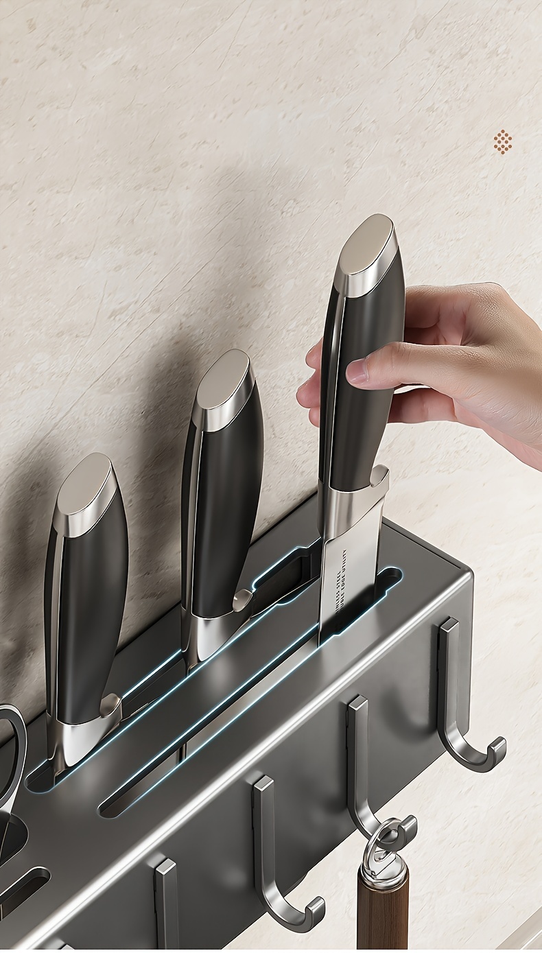 1pc   kitchen organizer no drill wall mounted knife utensil holder multi functional storage rack for cutlery and accessories details 7