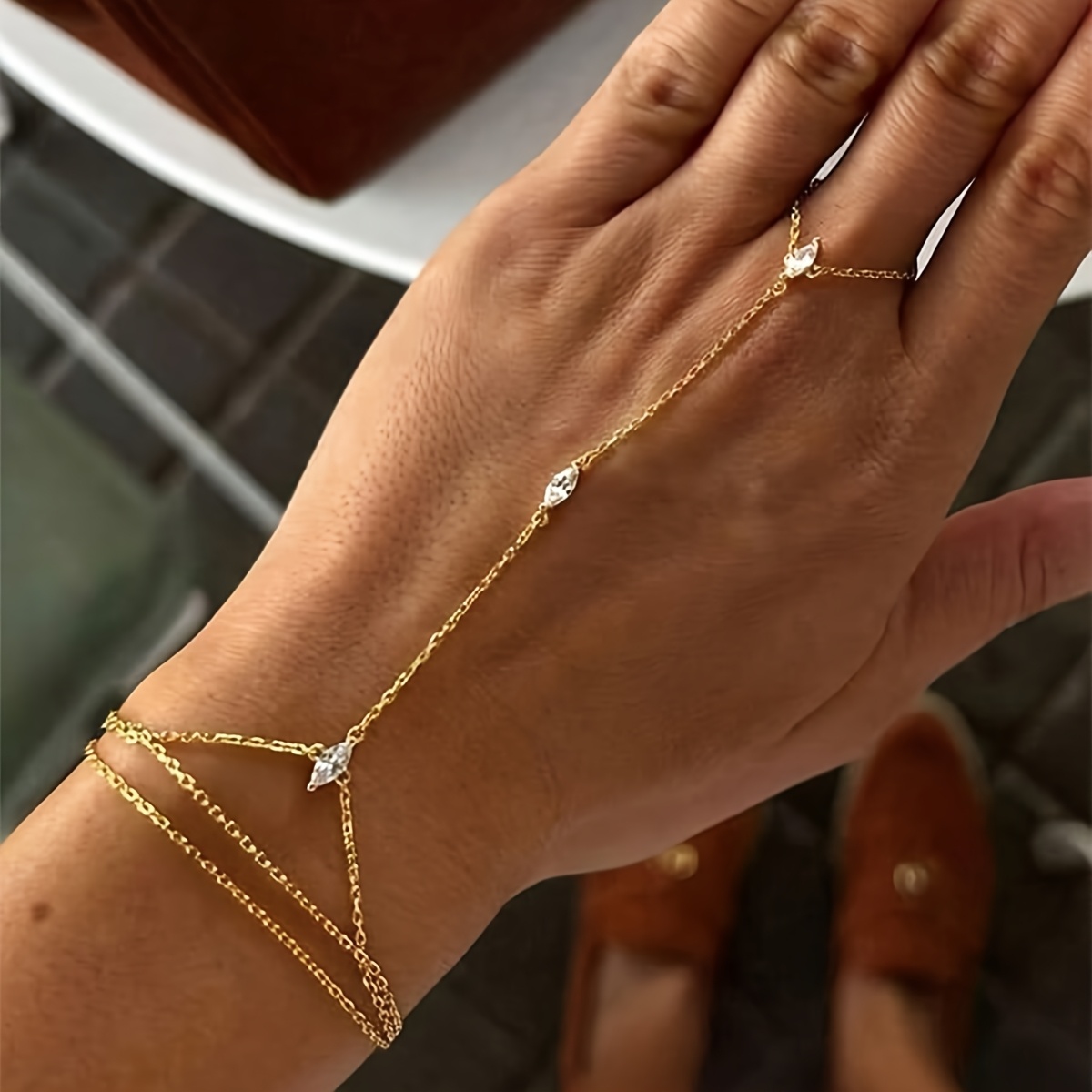 2pcs Set Iron Chain Synthetic Zirconia Inlaid Bracelet Set Sexy Fashion Chain Ring Bracelet Fine Chain Bracelet Set Party Hip-hop Nightclub Bracelet Gift Vacation Bracelet Set