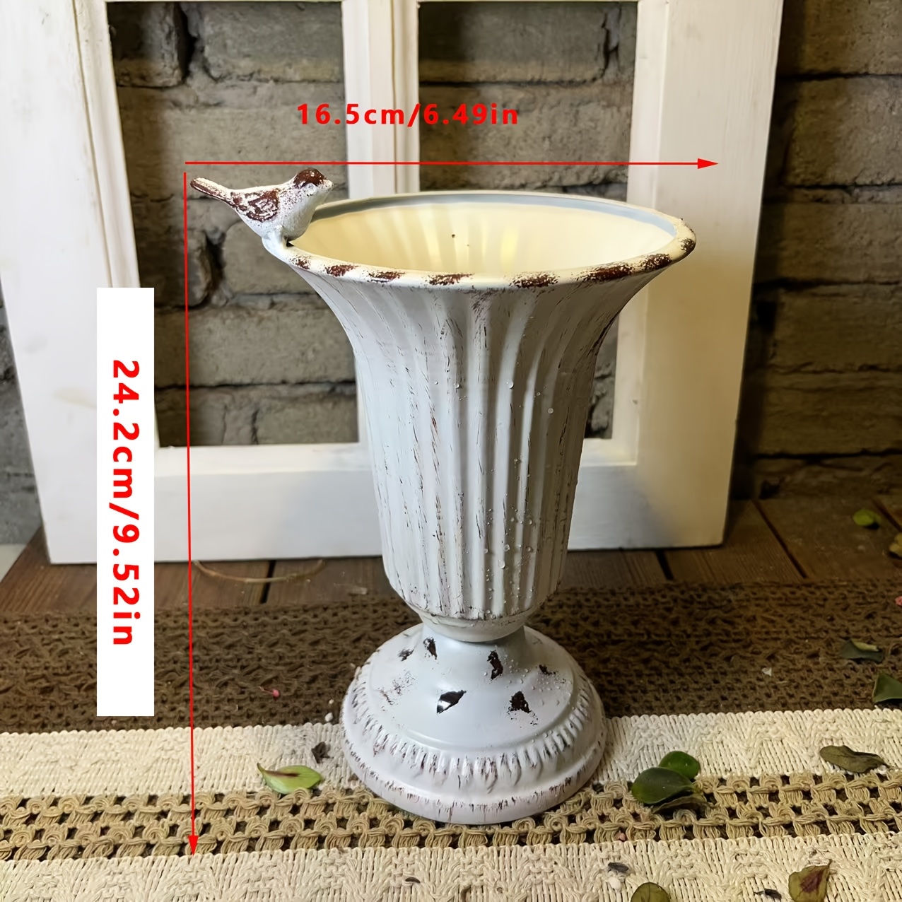 Rustic White Distressed Garden Planter With Drainage Hole – Striped Design, Indoor/outdoor Use, Succulents And Small Plants, Succulent Container | Vintage Planter | Ornamental Ironware